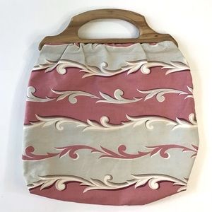 Vintage Knitting Sewing Bag Wooden Handles Hand Made Vat Prints Fabric 17”x19”
